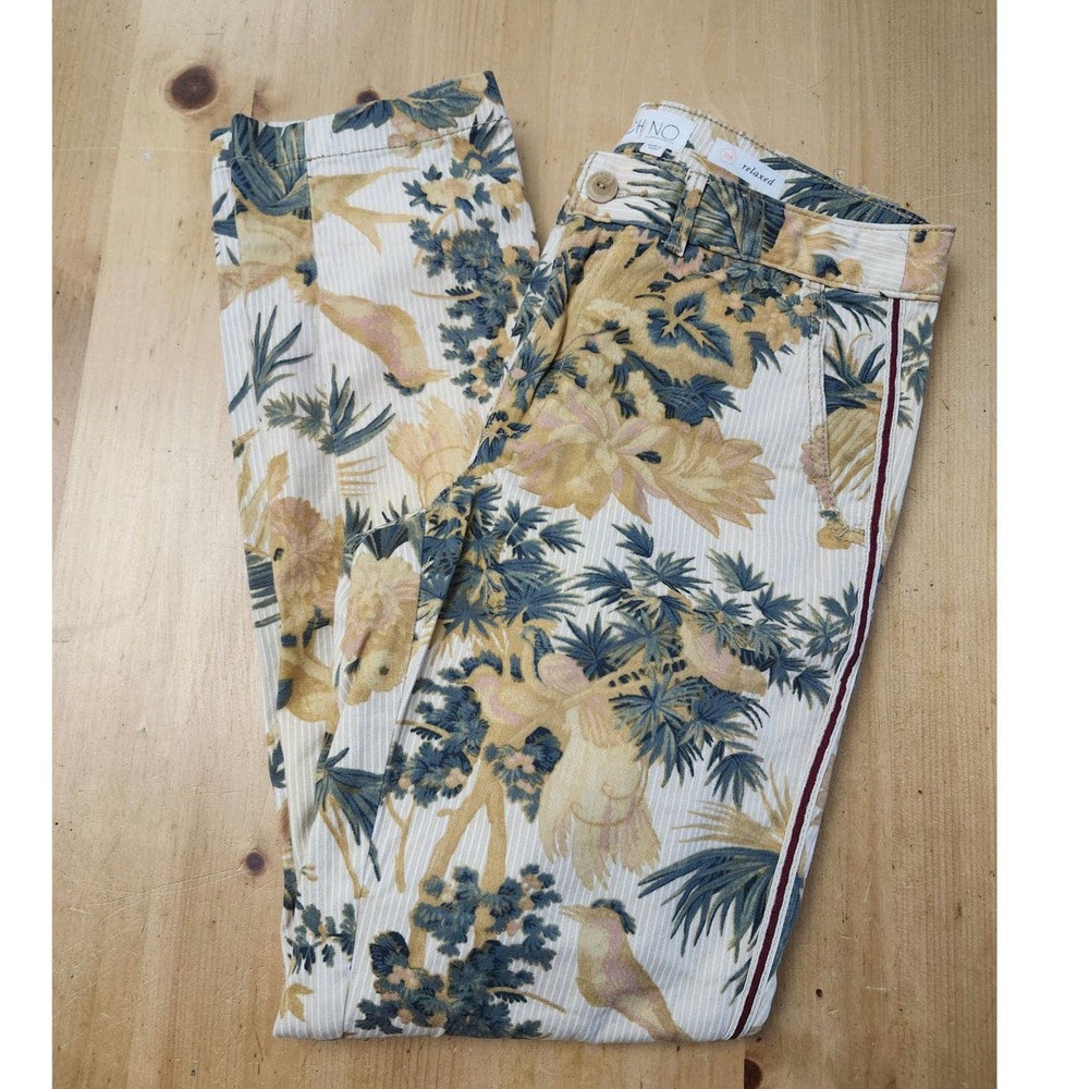 Anthropologie Cream Floral Corduroy Wide-Leg Pants with Yellow & Green Print